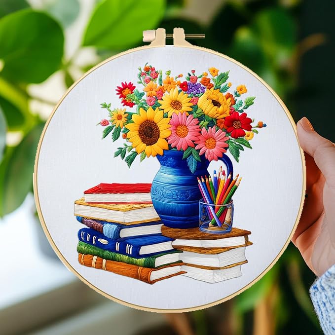 BEUNITONE 4 Set Book Flower Embroidery Kit for Adult Beginners 7.9x7.9 DIY Cross Stitch Kits Needlepoint Starter Kit with Pre-Printed Design and Hoops, Stamped Embroidery Kit for Home Ofiice Decor