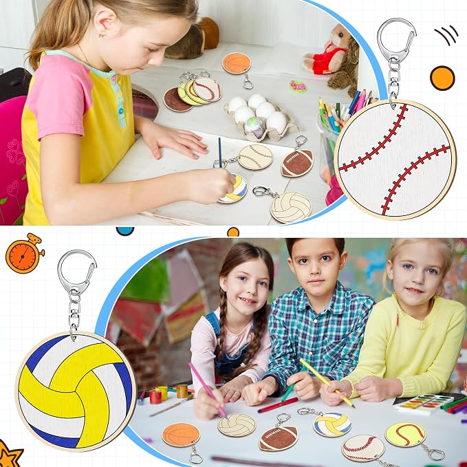 Trnayi 36 Pcs Sports Ball Unfinished Wood Keychains Color Your Own Craft | Sports Ball Wooden Keychains, Color Your Own Unfinished Craft, Blank Wood Painting DIY Crafts, for Home Classroom Art Project