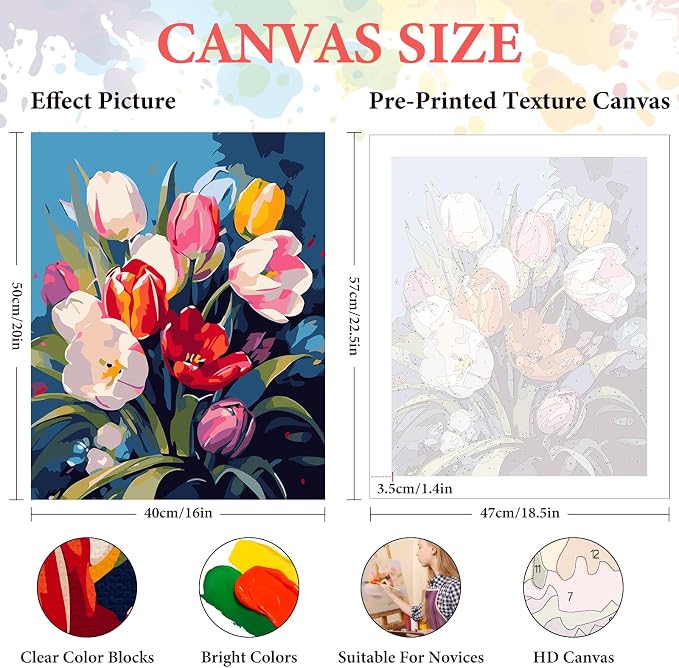 Paint by Numbers Kit for Adults Beginner, Colorful Tulip Bouquet 16x20 Inch