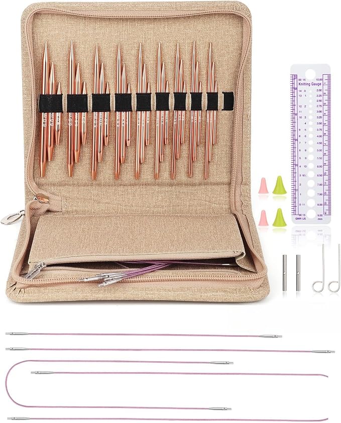 Aeelike Interchangeable Knitting Needles Set for DIY Crafts, Rose Gold | Aluminum Interchangeable Knitting Needles with 4 Cables, Smooth Complete Needles Set for Socks Blankets Sweaters, Ideal Gift