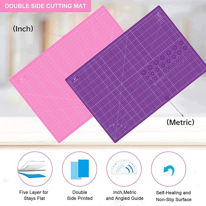 Headley Tools Thickened 24 x 36 Inch Self Healing Sewing Cutting Mat, A1 Rotary Cutting Sewing Mat for Crafts, Double Sided 5-Ply Table Cutting Board for Fabric Quilting Leather Hobby, (Pink/Purple)