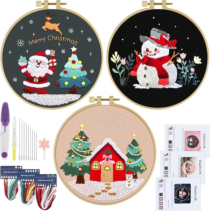 ERKOON 3 Sets Embroidery Kit for Beginners, Christmas Cross Stitch Set with Easy Pattern Embroidery Cloth Hoops Threads for Craft Lover Hand Stitch