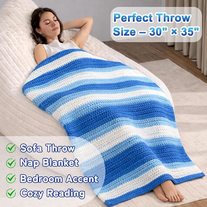 Reessy Crochet Blanket Kit for Beginners Adults – Gradient Blue Ombre Throw Blanket Kit with Soft Chenille Yarn, Hooks & Instructions – Handmade Crochet Starter Set for Adults