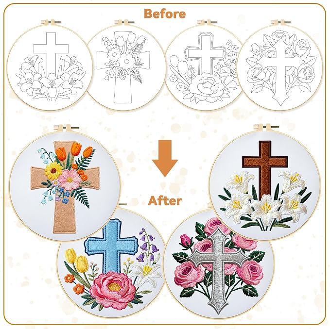 BEUNITONE 4Set Cross and Flowers Pattern Embroidery Kit for Adult Beginners | DIY Cross Stitch Kits, Complete Needlepoint Kits for Adults, Handmade Embroidery for Gifts, Fabric and Home Decor 20x20cm
