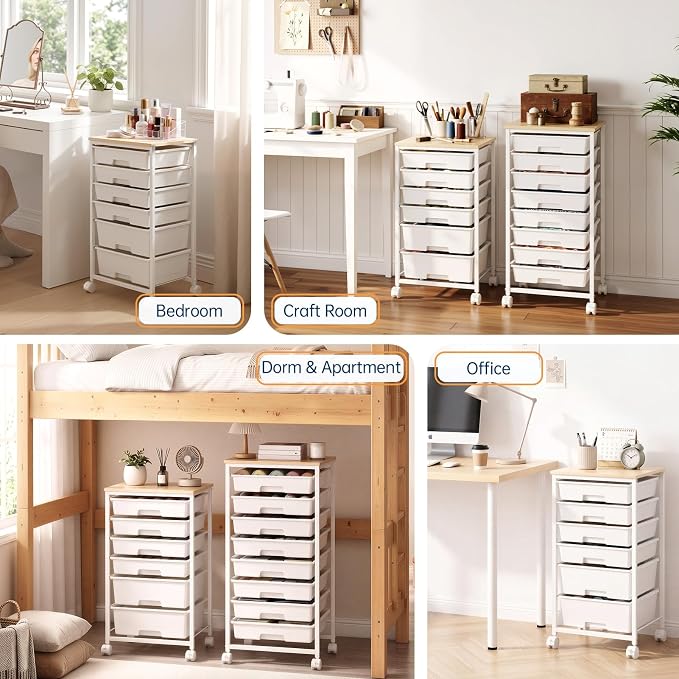 Delamu Rolling Storage Cart with 6 Drawers, Utility Craft Storage Cart | Storage Drawers Cart with Wooden Tabletop and Lockable Casters for Classroom Office Dorm Craft Art Supplie, White
