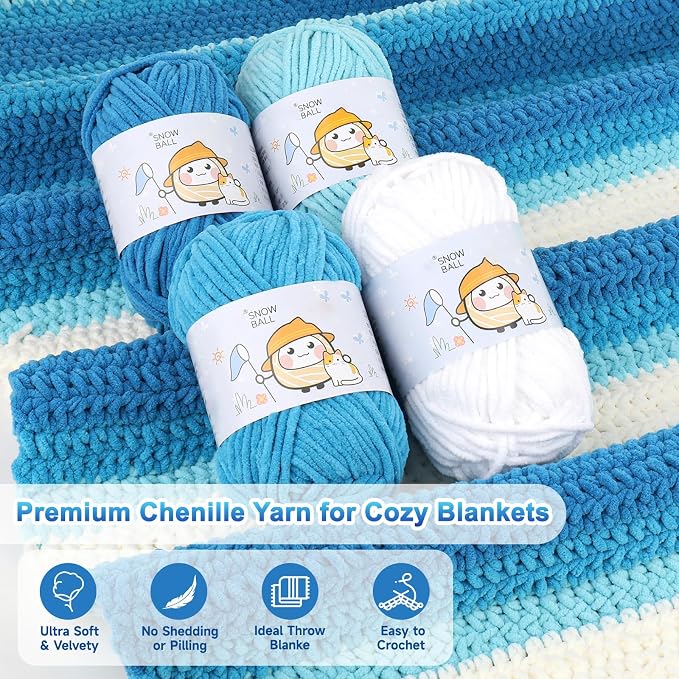 Reessy Crochet Blanket Kit for Beginners Adults – Gradient Blue Ombre Throw Blanket Kit with Soft Chenille Yarn, Hooks & Instructions – Handmade Crochet Starter Set for Adults
