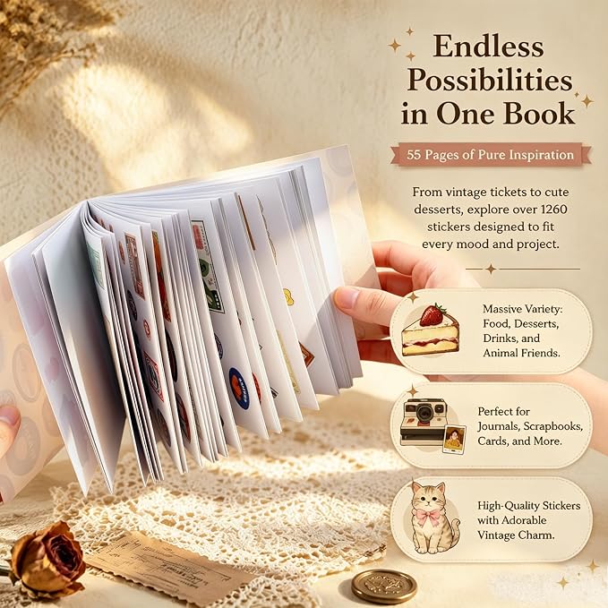 Tmtains 1260+Pcs 2026 New Girlhood Sticker Book Korean Sticker Book for Women Cute Sticker Books Aesthetic Portable Stickerbook for DIY Junk Journaling Scrapbooking Creative Birthday Gifts