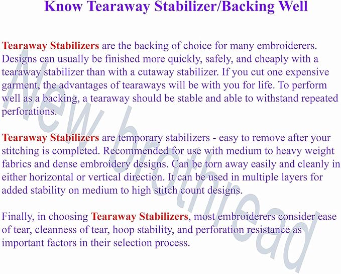 New brothread Tear Away Embroidery Stabilizer 20" x 25 Yd Roll | Embroidery Backing, Medium Weight 1.8oz, Cut into Various Sizes, Used for Machine Embroidery and Hand Sewing