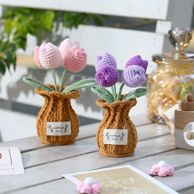 Tulip Crochet Flower Potted Plant Handmade Desk Decor Gift