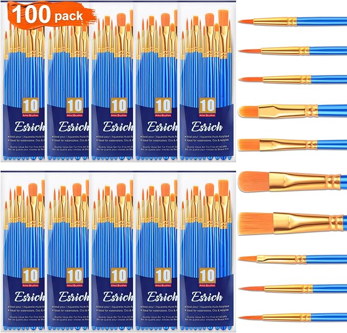 ESRICH 100PCS Paint Brushes, Paint Brush for Acrylic Painting | Artist Paintbrushes for Oil Watercolor, Body Face Rock Canvas, Small Paint Brushes for Kids