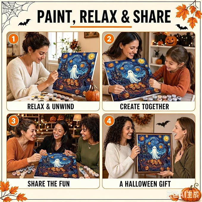 Mandun Halloween Ghost Paint by Numbers Kit for Adults, 16x16 inch | DIY Painting Kits Crafts for Adults, Relieve Stress, Frame Canvas, Wooden Easel, Gift Box, Home Wall Decor