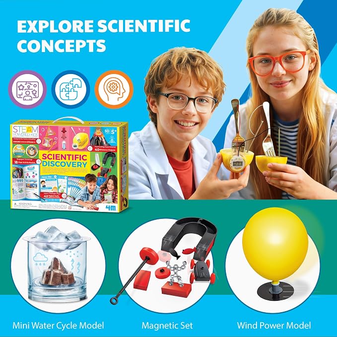 4M Scientific Discovery Kit for Kids Ages 8-12 – Over 50 STEM Experiments in Physics, Chemistry, Magnetism & Bubble Science, Build a Lemon Clock, Volcano, Magnetic Racer, Hover Disc, Educational Gift