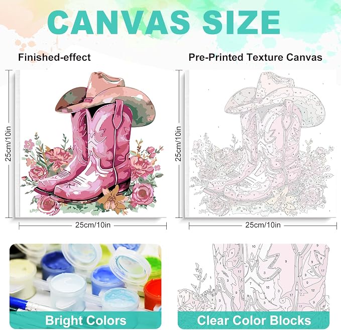 Framed Paint by Numbers Kit for Adults, Pink Cowboy Boots, 10 x 10 Inch | DIY Adult Paint by Number Kit for Beginners, Western Wall Decor, Stress Relief Craft Gift, Creative Hobby