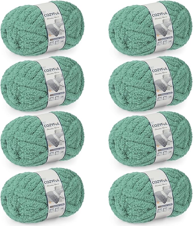 Cozyful Chunky Yarn for Hand Knitting - #10 Chunky Chenille Yarn, Jumbo Big Thick Chunky Yarns for Crocheting, Super Bulky Chunky Knit Blanket Yarns, 8 Skein (22yds 8oz Each Skein), Misty Jungle Green