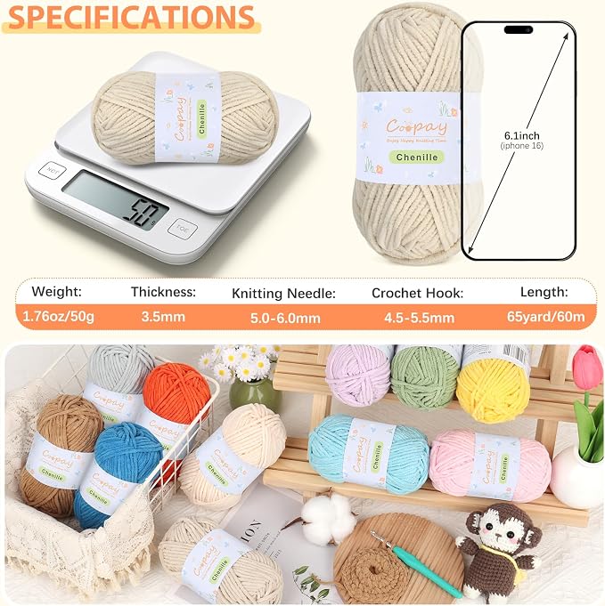 Coopay Chenille Yarn for Crochet, Medium Weight Yarn CYC #4, Khaki | Crochet Yarn Set - 400g Total, Soft Velvet Yarn for Colorful Crafts, Blankets, Plush Dolls, Decorative Handmade Works