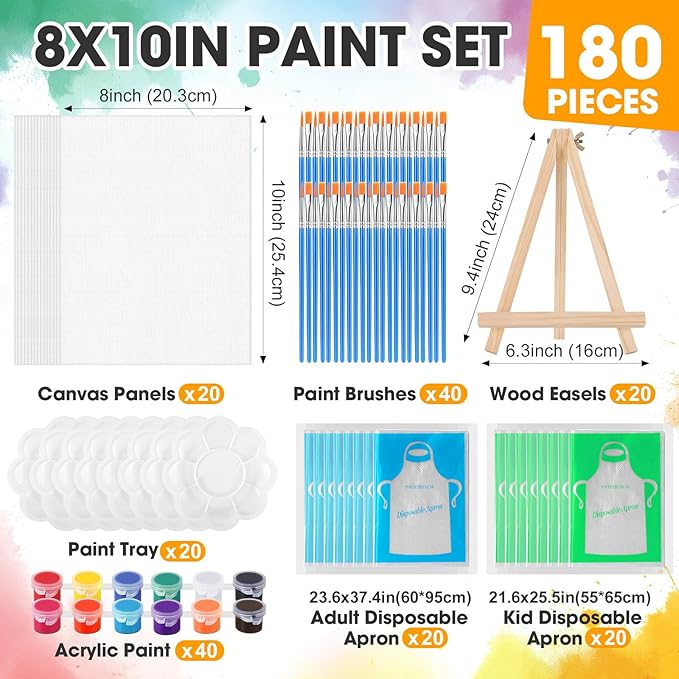 ESRICH 20 Pack 8x10 Canvas and Easel Set, Mini Acrylic Paint, Paint Brushes, Palettes, Aprons, Sip and Paint Kits for Adults Couples Friends Date Night Painting Party Supplies