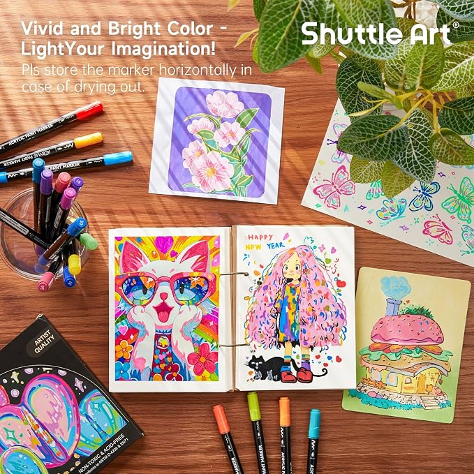 Shuttle Art 25 Colors Dual Tip Acrylic Paint Markers, Brush Tip and Fine Tip Acrylic Paint Pens for Rock, Ceramic, Wood, Canvas, Plastic, Glass, Stone, Calligraphy, Card Making, DIY Football Crafts