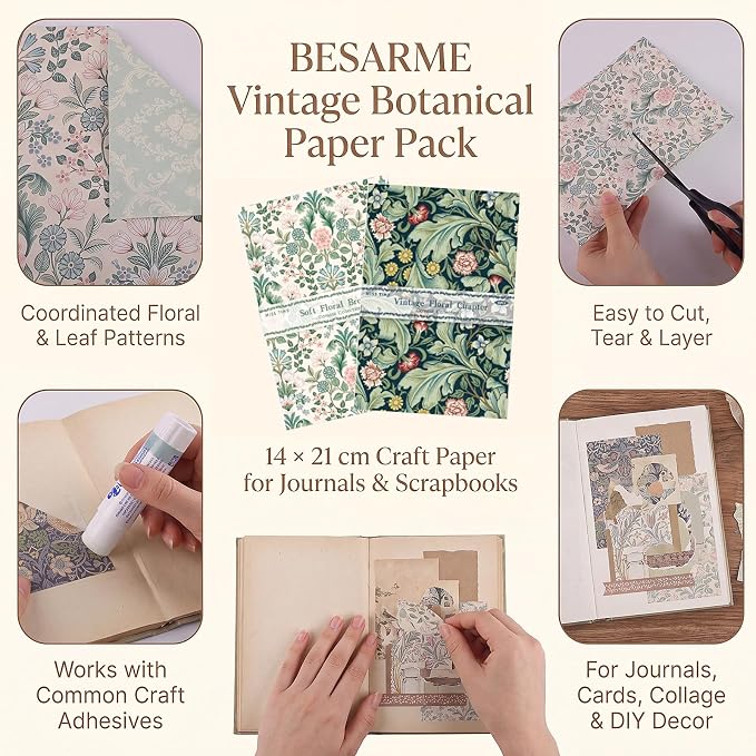 Scrapbook Paper Pack Vintage Floral Decorative Craft Paper for Junk Journal Card Making Collage Decoupage Gift Wrap DIY Album Papers Crafts
