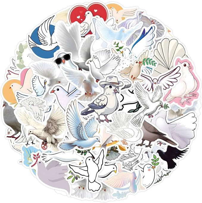 55PCS White Dove Stickers, Waterproof Vinyl Decals, Peace Bird Stickers for Water Bottles, Laptops, Scrapbooking (Dove)