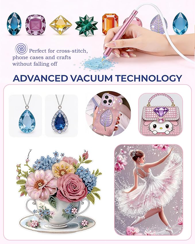 Electric Diamond Painting Pen Vacuum Drill Tool Kit,Diamond Art Pens No Wax Needed with Accessories,E-Painter Vacuum Pen for Diamond Painting Storage Tray,Diamond Art Pen Tools Kit for Adults(Pink)