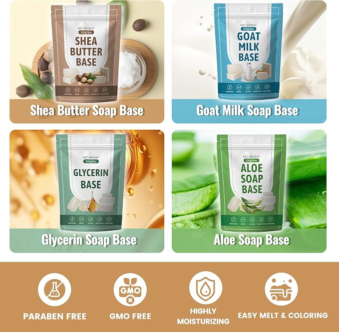 LFISGNN Premium Soap Making Kit with 4 Flavored 4.4 lbs Soap Base | Including Soap Melter, Soap Base (Shea Butter, Glycerin, Aloe, Goat Milk), 4 Essential Oils / Dyes, 5 Soap Molds and Supplies