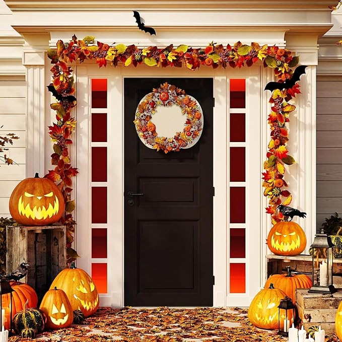 Whaline 5 Pcs Fall Pumpkin Unfinished Wood Cutout with 80 Pcs Fake Maple Leaves Ribbons 12 x 0.1 Inch Autumn Pumpkin Wooden Slices with Hemp Rope for Thanksgiving Halloween DIY Crafts Home Decor