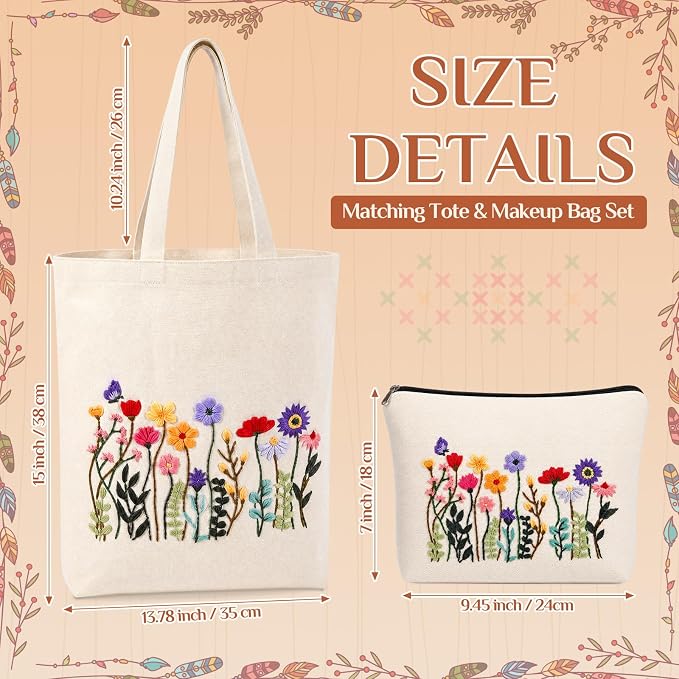 SilTriangle Embroidery Kit for Beginners Canvas Tote Bag Makeup Bag Set Cross Stitch Kits Floral Flower for Adults, Arts Crafts Needlepoint Women Shopping Reusable Bags
