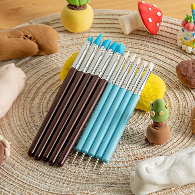 UUSYCUN 10PCS Silicone Clay Sculpting Tool, 2-Way Clay Shaper & Sculpter Brushes Tools for Modeling, Dotting, Polymer Clay, Pottery Crafts, Nail Art, Rock, Blending, Drawing, Air Dry Clay, Ceramics