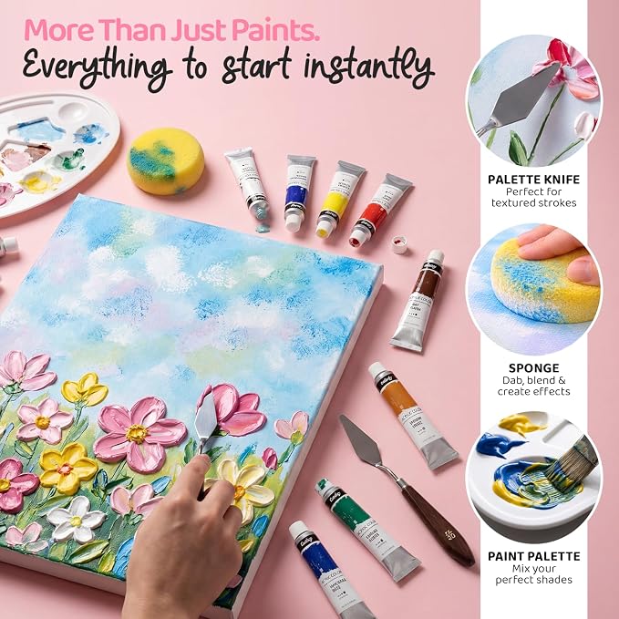 Chalkola Acrylic Paint Set for Adults & Kids - 56 Pcs Canvas Painting Kit with 32 Paints (22ml), 10 Brushes, 10 Canvases, Tabletop Easel, Palette, Knife - Professional Craft & Art Painting Supplies | 32 Acrylic Paints (22ml), 10 Brushes, 10 Canvases, T...