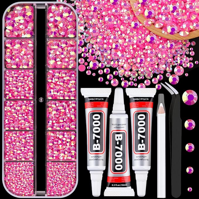 Resin Jelly Rhinestones for Crafting with B7000 Jewelry Glue, 1 Box Hot Pink AB Flatback Crystal with 3Pcs 10ml Glue, Bedazzling Non Hotfix Gems for DIY Tumblers Clothing Shoes Manicure