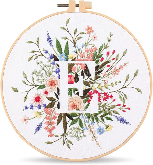Harimau Letter E Pattern Embroidery Kit for Adult Beginners, Complete Starter Pack with 1 Hoop, Needles, Instruction Guide & Embroidery Stitch Video Tutorials