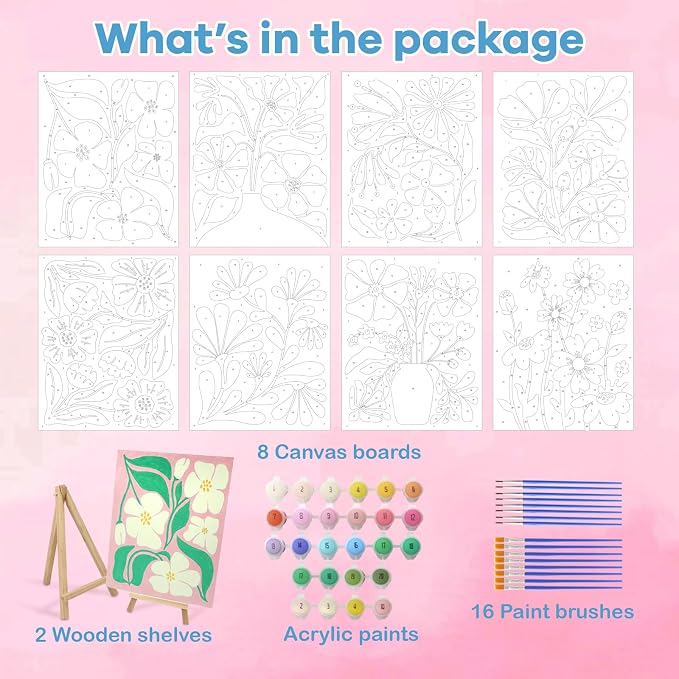 Goldentime 8 Pack Paint by Numbers Kit for Adults and Kids Beginners | 8x10 Inch Flower Canvas Painting Kit with 16 Brushes, 26 Acrylic Paints & Wooden Supports | Predrawn Canvas for Home Decor Gifts