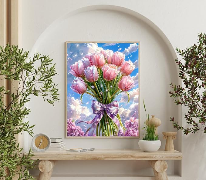 Accompany Wind Pink Tulips Diamond Art Kits for Adults, 5D Flowers Diamond Painting Kits for Beginners,DIY Round Full Drill Diamonds Gem Art Crafts for Home Wall Decor Gifts 12x16 Inch