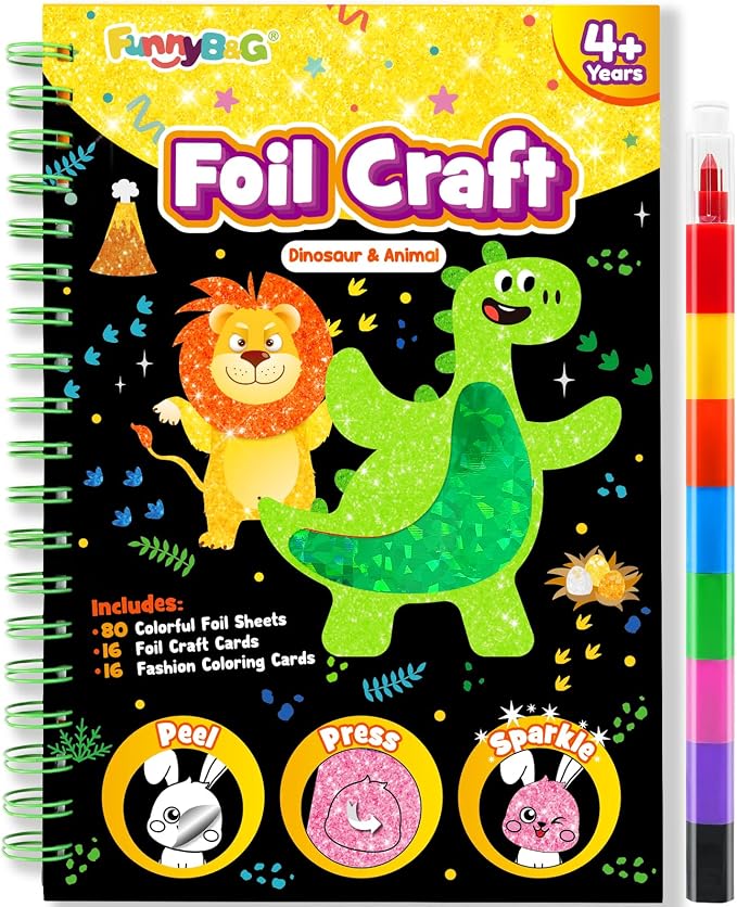 FUNNYB&G Foil Art Craft Kit for Kids, Sparkly Birthday Gift Toy for Kids | No Mess, Kids Ages 4-10 Create Sparkling Artwork, A Creative Gift for Birthdays, Holidays, Travel Activities,Screen-Free Fun