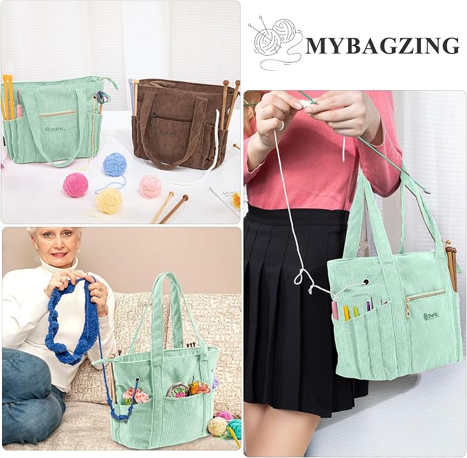 MYBAGZING Corduroy Crochet Bag 11.5" Large Yarn Storage Tote with Grommets, Needle Holders – Knitting Bag Organizer for Crochet Hooks, Accessories, Tools & Projects –Gift for Knitters & Crafters