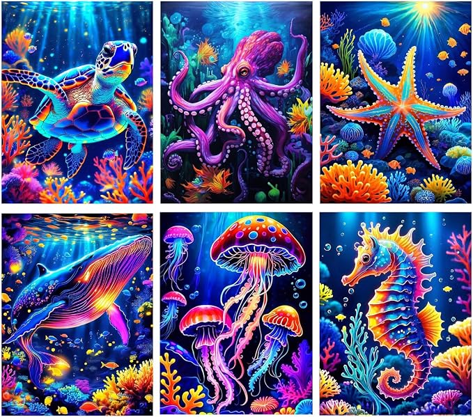 6 Pack Diamond Painting Kits for Adults, 5D DIY Diamond Art Kits for Beginners, Colorful Marine Animals Diamond Dots Kits Gem Arts Crafts for Living Room Bedroom Offices Home Wall Decor 12X16 Inch
