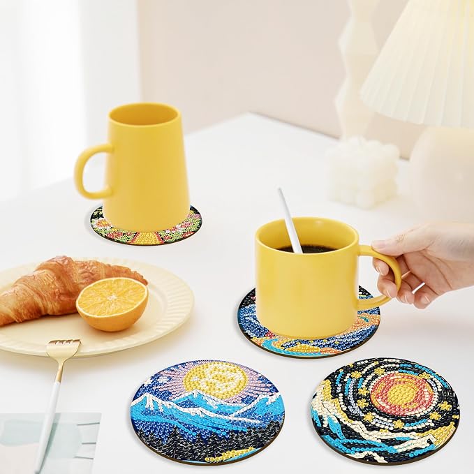 8 Pcs Landscape Diamond Art Coasters with Holder,Landscape Diamond Art Kits for Adults,Diamond Painting Coasters Kit for Gifts