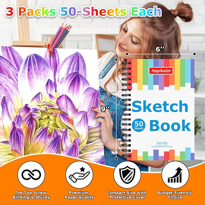 6" x 9" Sketch Pad for Kids, 3-Pack 50 Sheets Sketch Book Drawing Pad | Spiral Bound Drawing Pad for Kids, Acid Free Artist Drawing Book Paper, Sketch Paper for Drawing Coloring Sketching