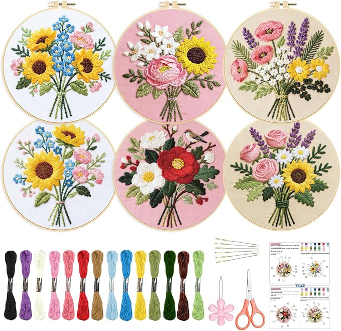 ORIGACH 6 Pack Flower Bouquet Embroidery Kits for Beginners, DIY Starter Hand Embroidery Kit with Sunflower Rose Lavender Patterns and Instructions for Adults Women Crafting