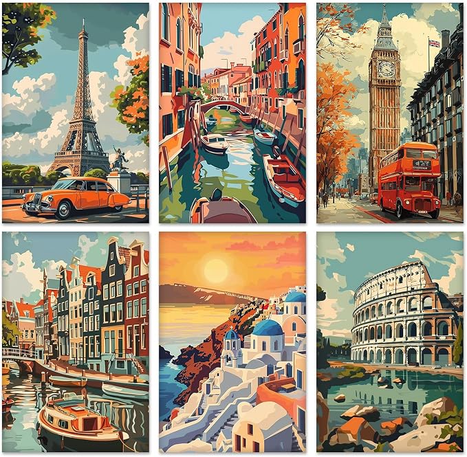 KEYIFA 6 Pack Paint by Numbers Kit, Stretched Canvas Boards for Painting for Adults, No Crease Acrylic Oil Painting for Students Beginners Favor Sip & Paint Party Supplies, Vintage Cityscape (8x12)