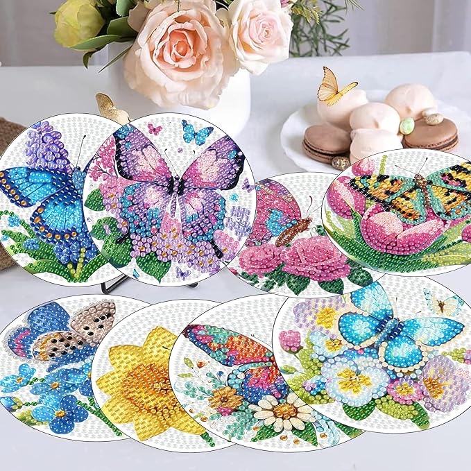 8 Pcs Diamond Art Coasters Kits, Butterfly Diamond Painting Coasters Kits