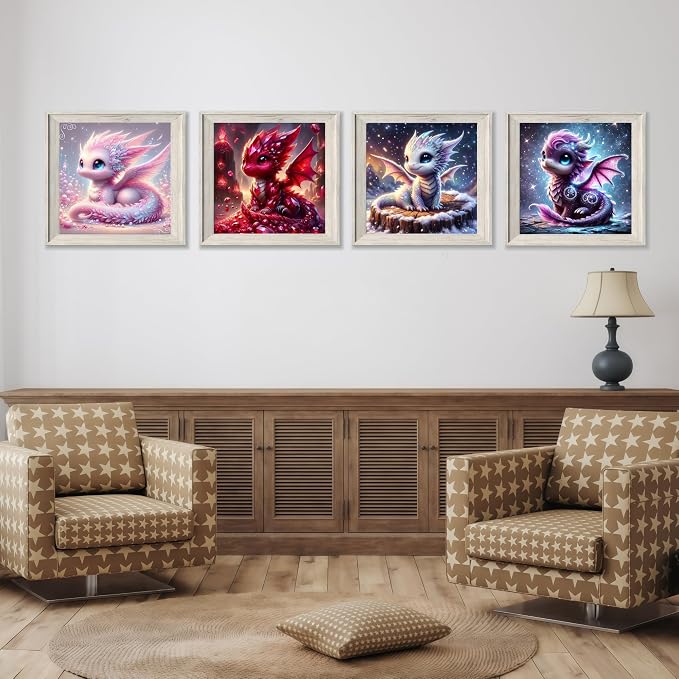 Acelii 4PCS Dragon Diamond Painting Kits for Adults, 5D DIY Art Set | Full Round Drill Dragon Gem Art Kit, Easy DIY Craft, Home Wall Decor, 12 x 12 Inch for Adults & Beginners