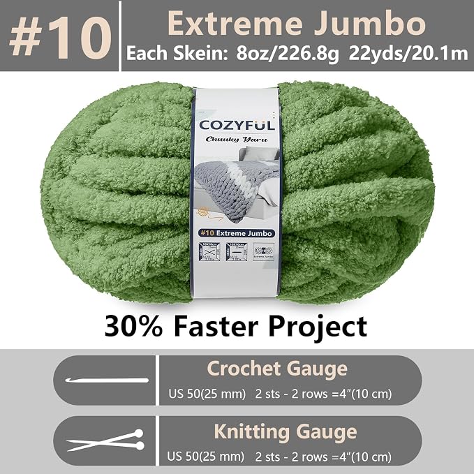 Cozyful Chunky Yarn for Hand Knitting - #10 Chunky Chenille Yarn, Jumbo Big Thick Chunky Yarns for Crocheting, Super Bulky Chunky Knit Blanket Yarns, 8 Skein (22 yds 8 oz Each Skein), Smoky Green