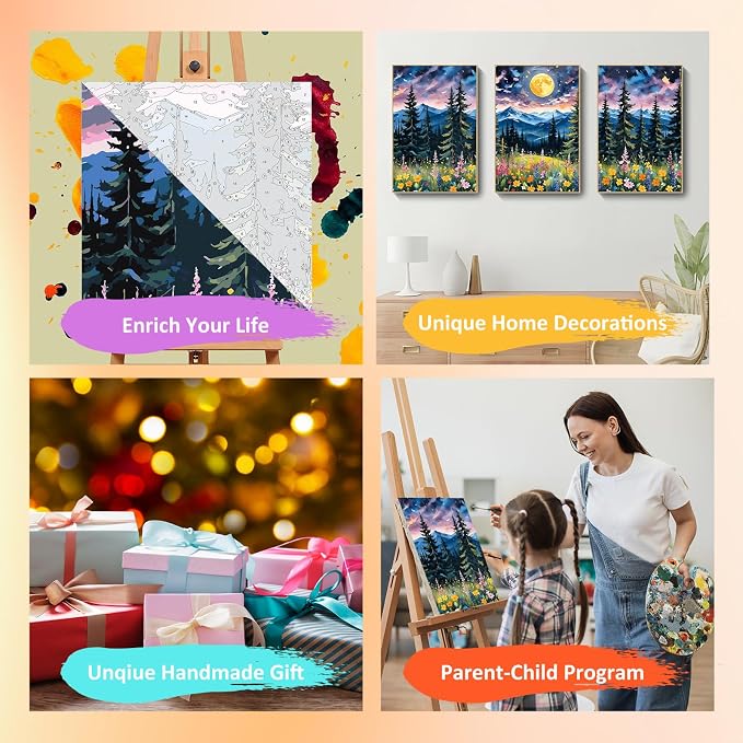 Mandun Landscape Paint by Numbers Kit for Adults, 3 Pack, 7.8x11.8 inch | DIY Painting Kits Crafts for Adults, Relieve Stress, Frame Canvas, Wooden Easel, Gift Box, Home Wall Decor