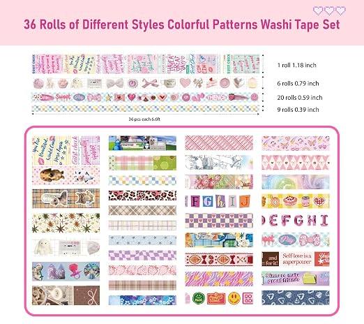 36 Rolls Vaporwave Aesthetic Washi Tape Set, Decorative Scrapbook Tape for Journaling, Bullet Journals, Planners, DIY Crafts and Gift Wrapping