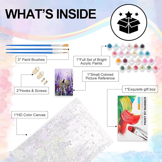Flowers Framed Paint by Numbers Kit for Adults Beginner & Kids Ages 8-12 | With Frame Canvas 8x12 inch, DIY Acrylic Painting by Numbers Purple Flowers, Stress Relief Craft Kits, Home Wall Decor Gift