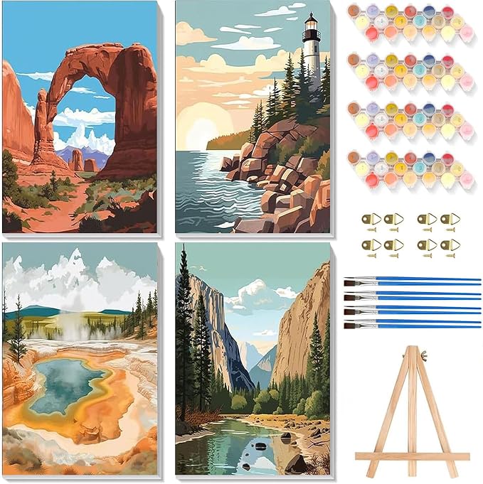 National Park Paint by Numbers for Adults with Framed Canvas - Wooden Easel | 4 Pack Paint by Number on Canvas, DIY Landscape Acrylic Oil Painting Kits with Brushes for Home Wall Decor (8x12 inch)