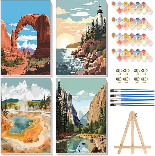 National Park Paint by Numbers for Adults with Framed Canvas - Wooden Easel | 4 Pack Paint by Number on Canvas, DIY Landscape Acrylic Oil Painting Kits with Brushes for Home Wall Decor (8x12 inch)
