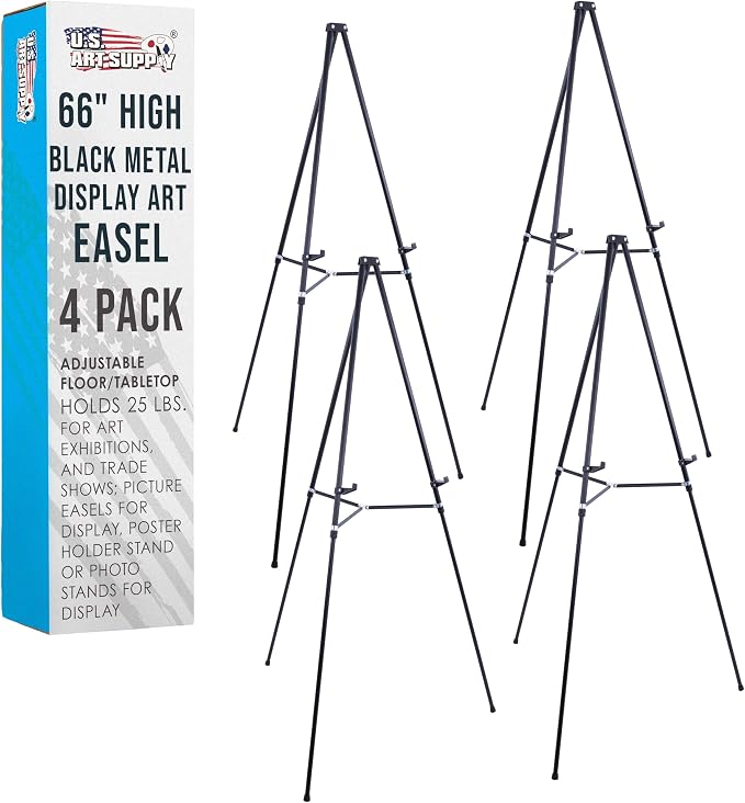 U.S. Art Supply 66" High Black Metal Display Art Easel (4 Pack) - Large | Adjustable Height Portable Easel Stand, Sign Display, Holds 25 lbs - Floor & Tabletop Easels, Sign Stand