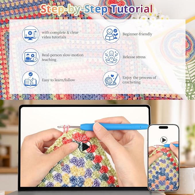 Coopay Crochet Blanket Kit for Beginners Adults w/Step-by-Step Instructions | Complete Crochet Kits with 600g Soft Crochet Yarn & Ergonomic Crochet Hooks, Granny Square Blanket Kit for Beginners Gift